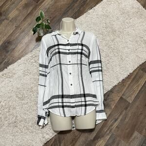 Lucky Brand Size Small White Black Window Pane Plaid Button Down Classic Fit Top
